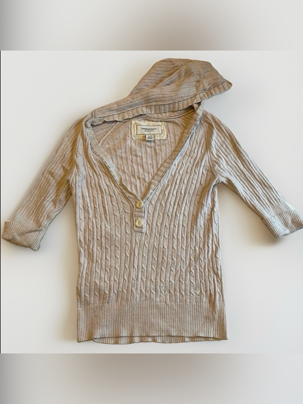 VINTAGE American Eagle Angora Knit Hooded Henley Top Ribbed V Neck Y2K Sweater M